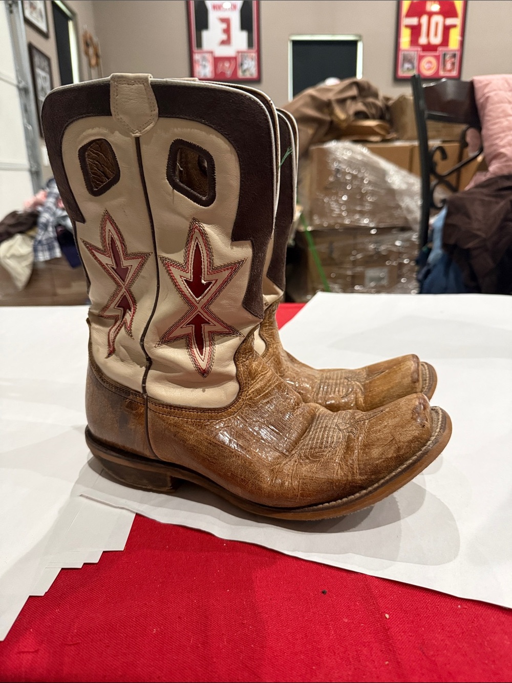 Nocona Brown and Cream Leather Western Boots with Red Star Stitching